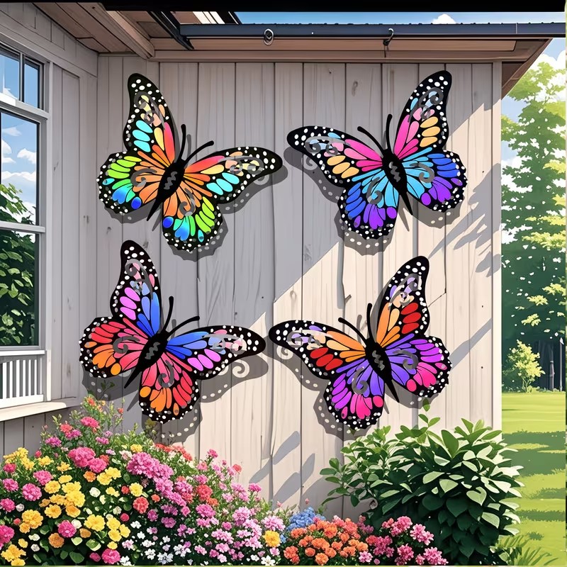 Art Craft Butterfly - ของตกแต่งผนังรูปปั้นผีเสื้อโลหะหลากสี 4 ชิ้น เหมาะสำหรับสวน ลานบ้าน และการตกแต่งผนังรั้วกลางแจ้ง