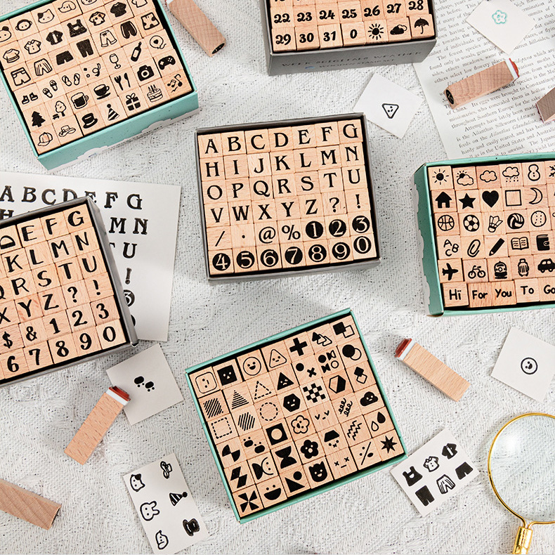 Rubber Stamp Blank - ชุดตรายางไม้ลายน่ารักสำหรับแพลนเนอร์, ตรายางตกแต่งตัวอักษร ตัวเลข อีโมจิ สำหรับสมุดบันทึก บูโจ