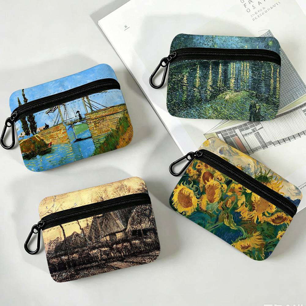 Art Portfolio Bag - กระเป๋าใส่เหรียญผ้าอ็อกซ์ฟอร์ดลายภาพวาดสีน้ำมันของแวนโก๊ะ ขนาดเล็ก ทนทาน พร้อมซิปและพวงกุญแจ