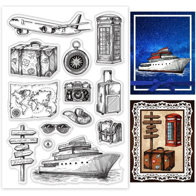 Rubber Stamp Blank - Travel ซิลิโคนล้างแสตมป์เครื่องบินแผนที่ซิลิโคนแสตมป์กล้องเรือแสตมป์ยางสําหรับสมุดภาพสมุดบันทึกการ์ดทํา