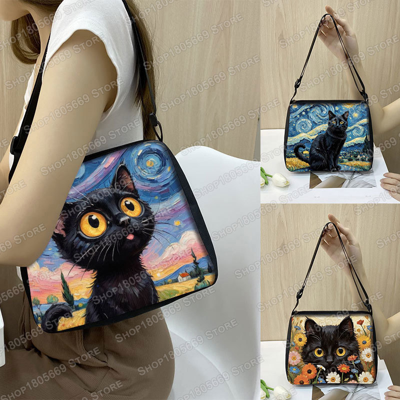 Art Portfolio Bag - กระเป๋าสะพายคาดลำตัวมีที่วางโทรศัพท์กระเป๋าหิ้วสำหรับผู้หญิงกระเป๋าสะพายไหล่กระเป๋าถือพกพาภาพวาดสีน้ำมันรูปแมวสีดำรถตู้โก๊ะ